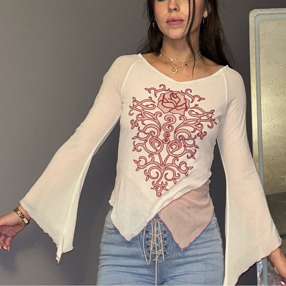 Y2K Mesh Rose Design Blouse Sz M Tight Fit